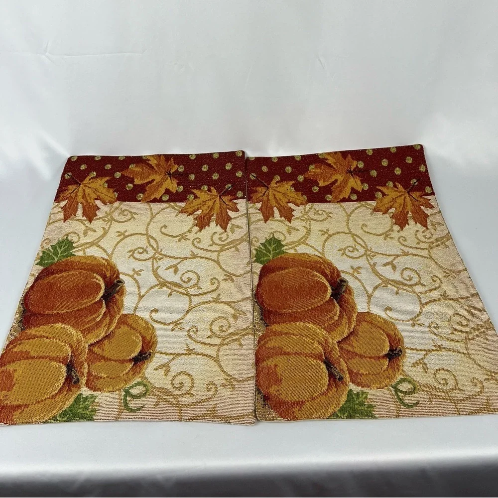 Pair of Placements (2) Pumpkins and Leaves w/Gold Scrolls Orange Tan Red Bling